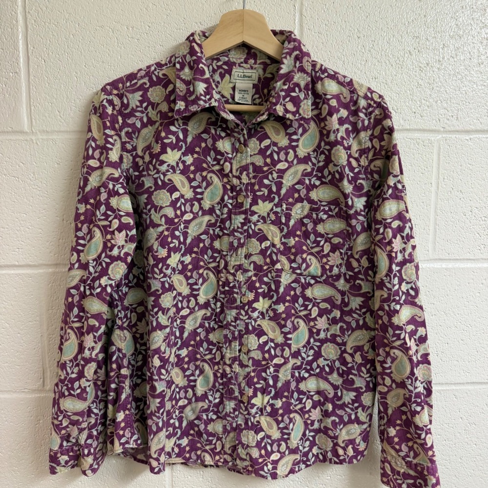 LL Bean Women Paisley Corduroy Button Down Shirt M Purple Floral Boho Top